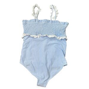 Crown & Ivy Girls Blue White Striped One Piece Swimsuit 16 Eyelet Lace Smocked